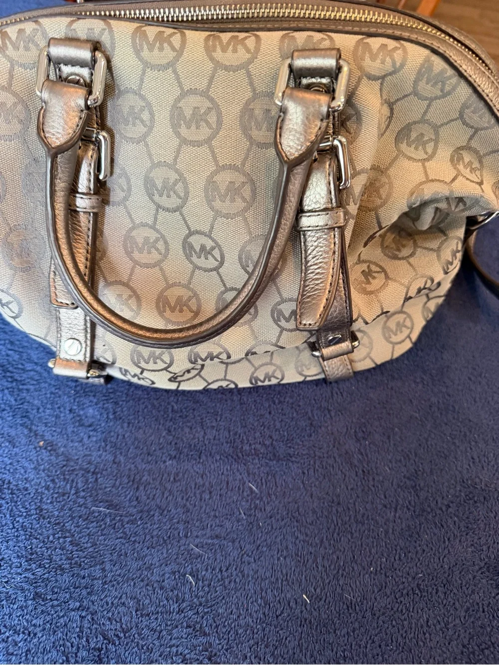 Michael Kors Beige Monogram Satchel with Bronze Trim